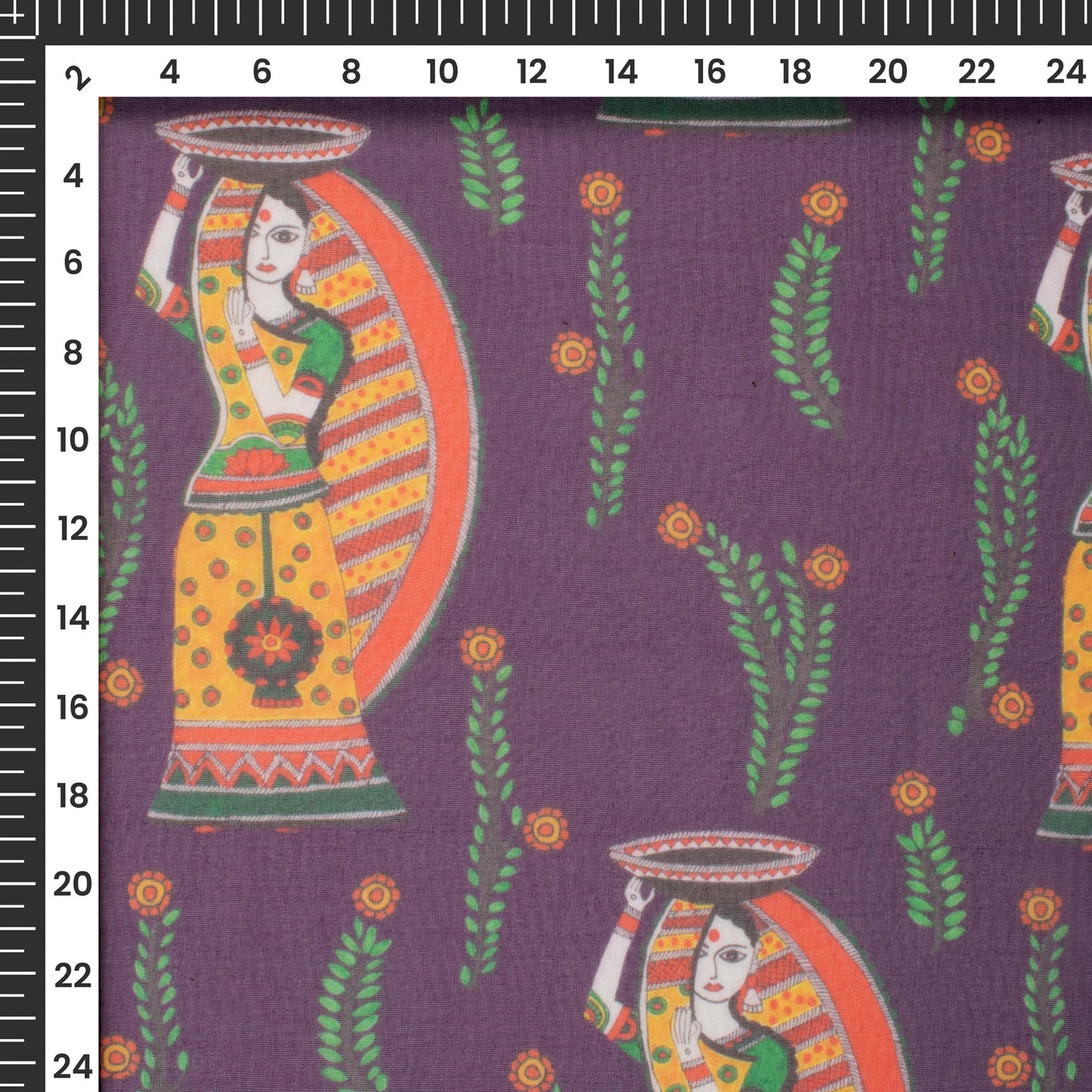 Violet Purple Madhubani Digital Print Matt Organza Fabric