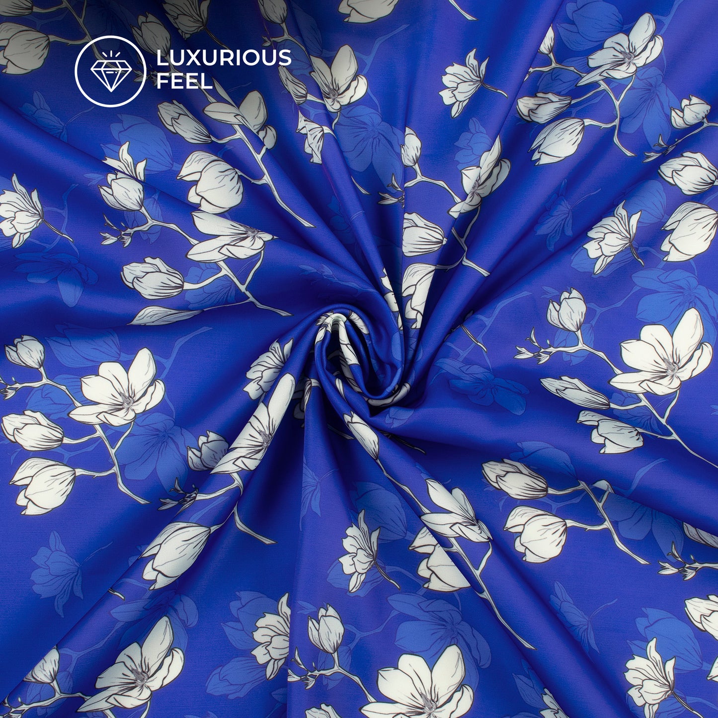 Royal Blue Floral Digital Print Imported Satin Fabric