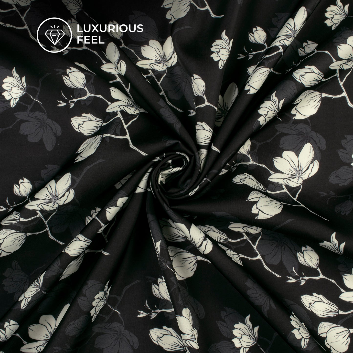 Black Floral Digital Print Imported Satin Fabric