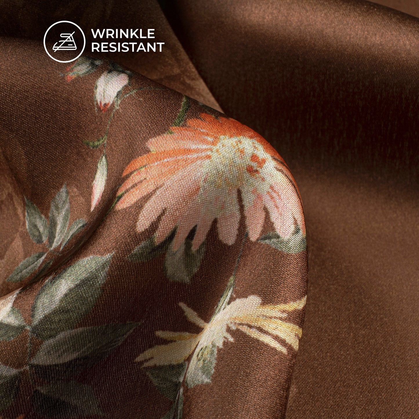 Chocolate Brown Floral Digital Print Japan Satin Fabric