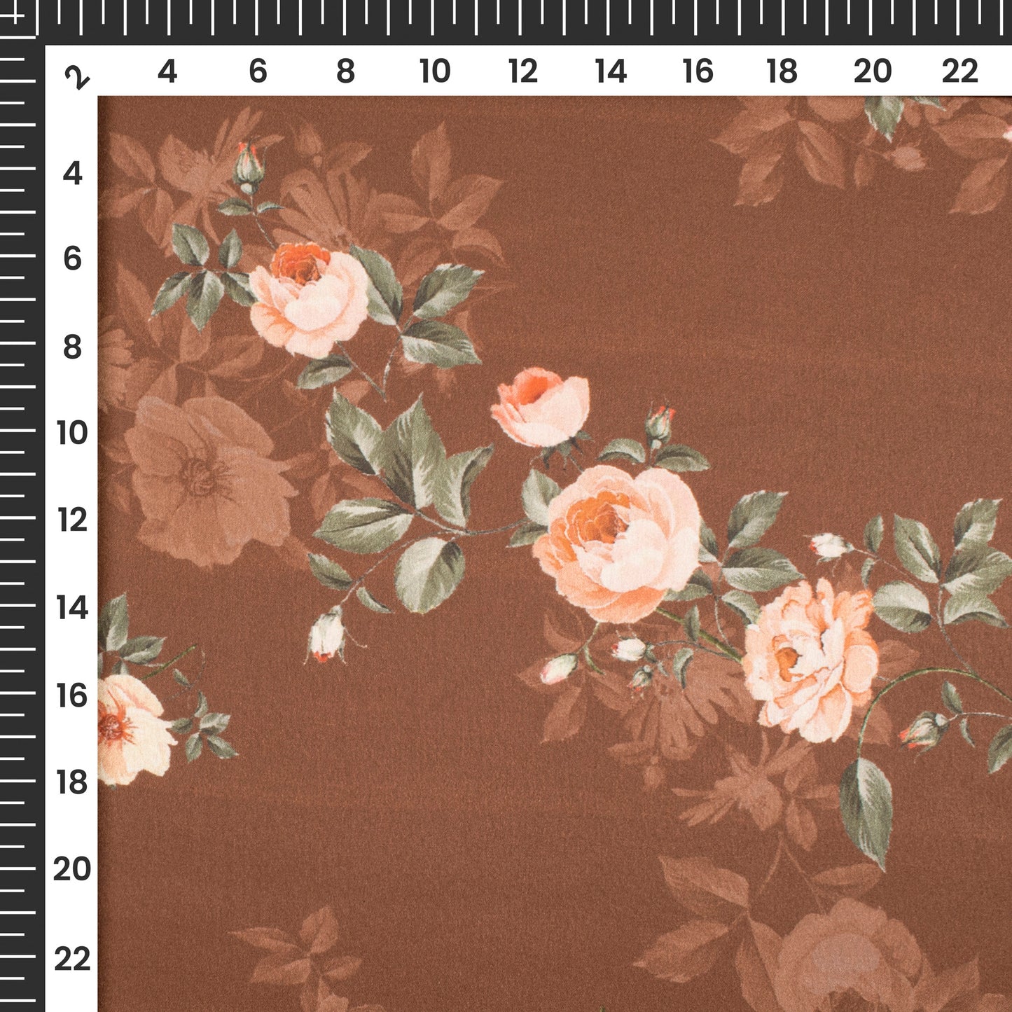 Chocolate Brown Floral Digital Print Japan Satin Fabric