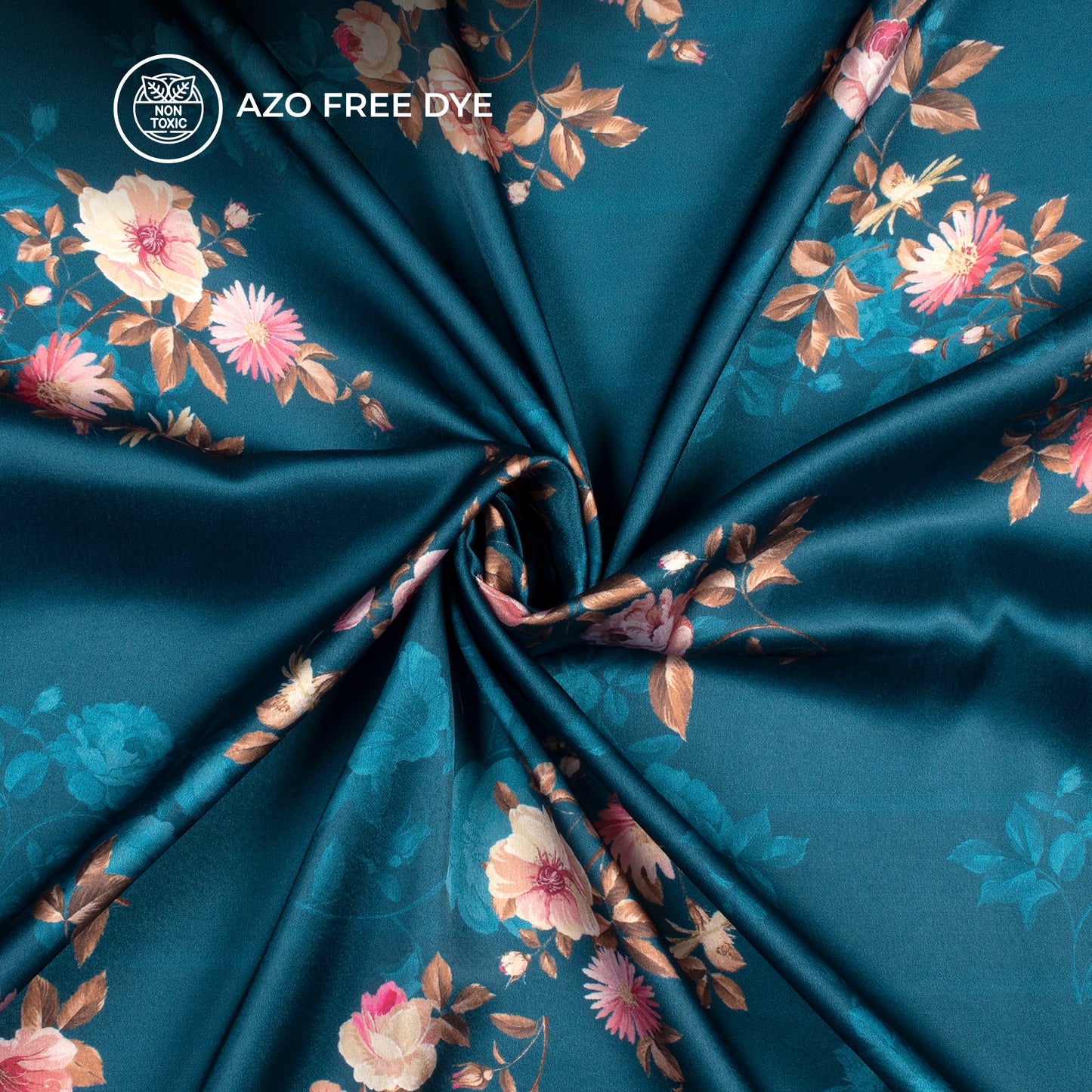 Dark Teal Floral Digital Print Japan Satin Fabric