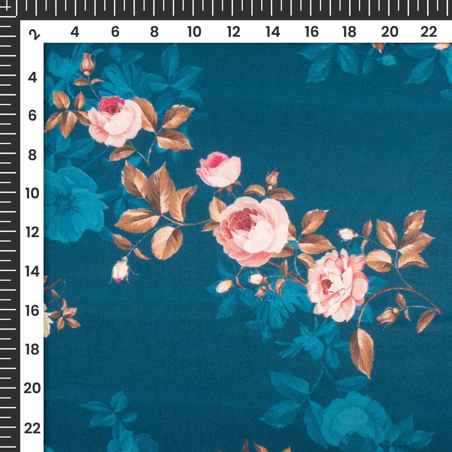 Dark Teal Floral Digital Print Japan Satin Fabric