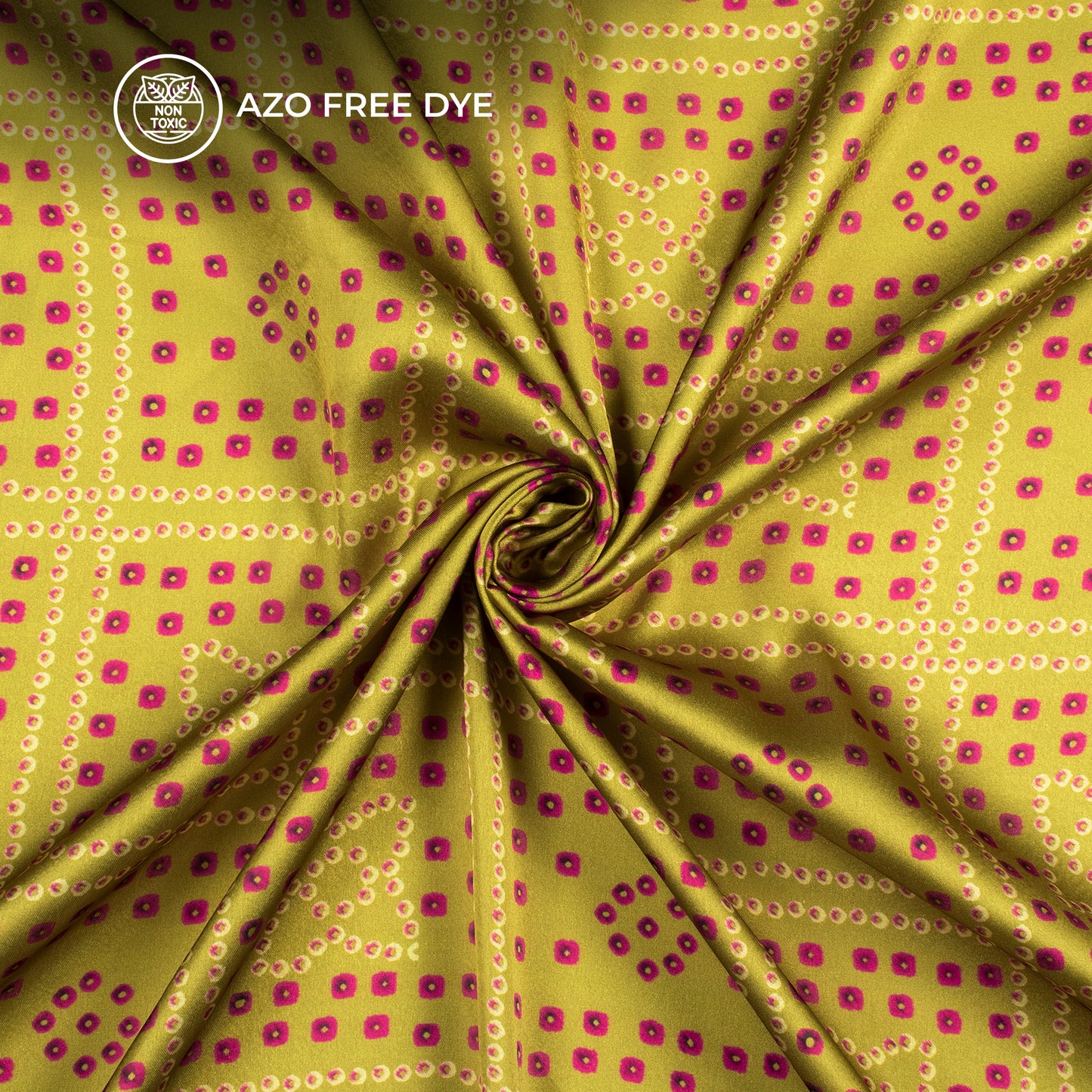 Olive Green Bandhanii Digital Print Japan Satin Fabric