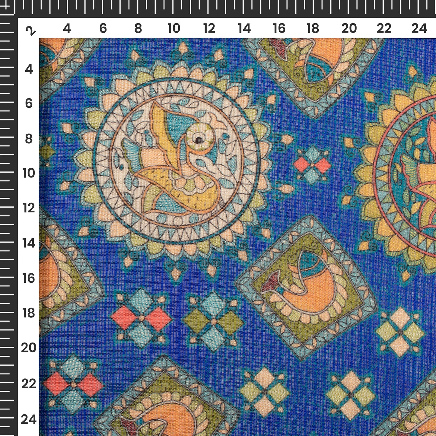 Blue And Olive Green Madhubani Digital Printed Kota Doria Fabric