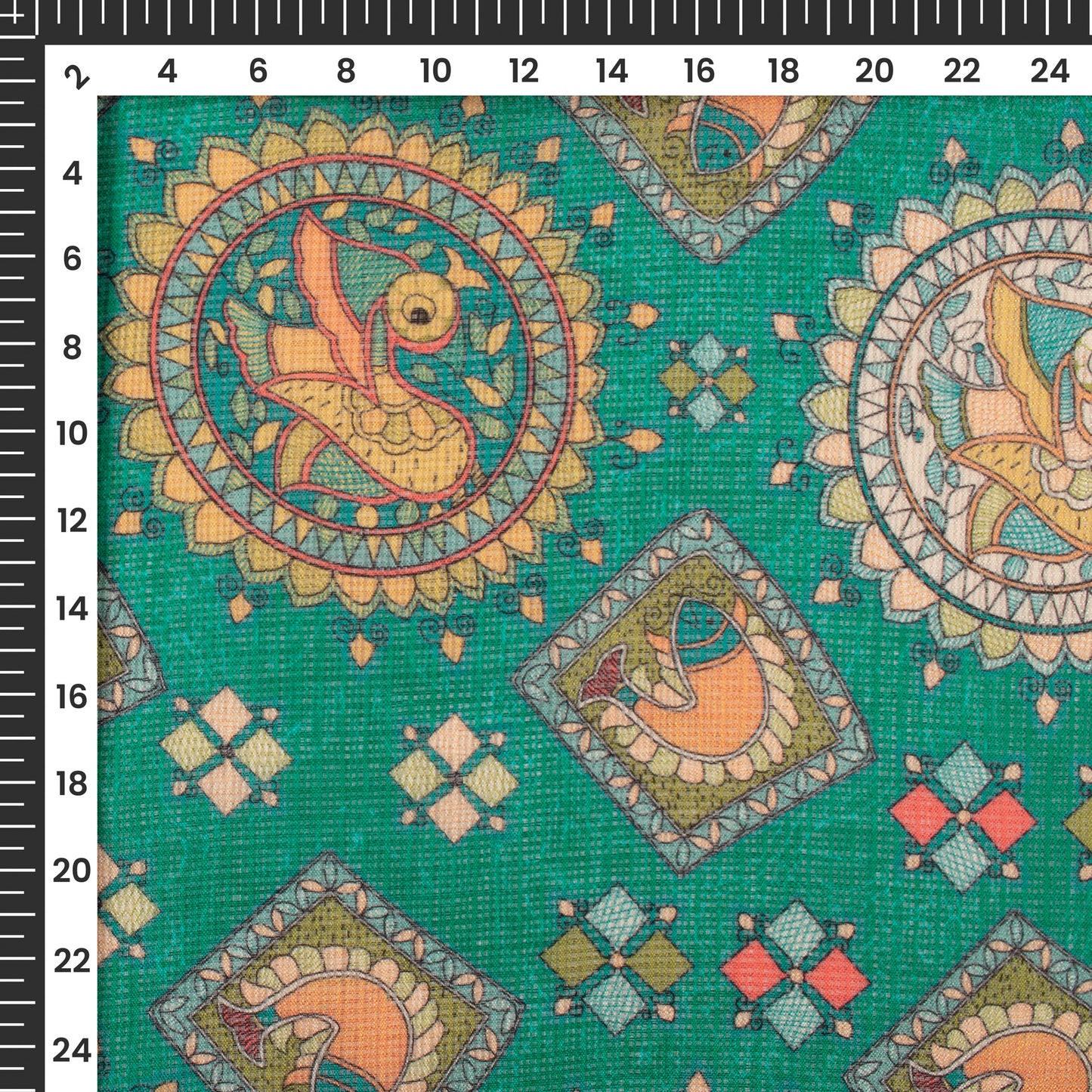 Teal Blue And Orange Madhubani Digital Printed Kota Doria Fabric