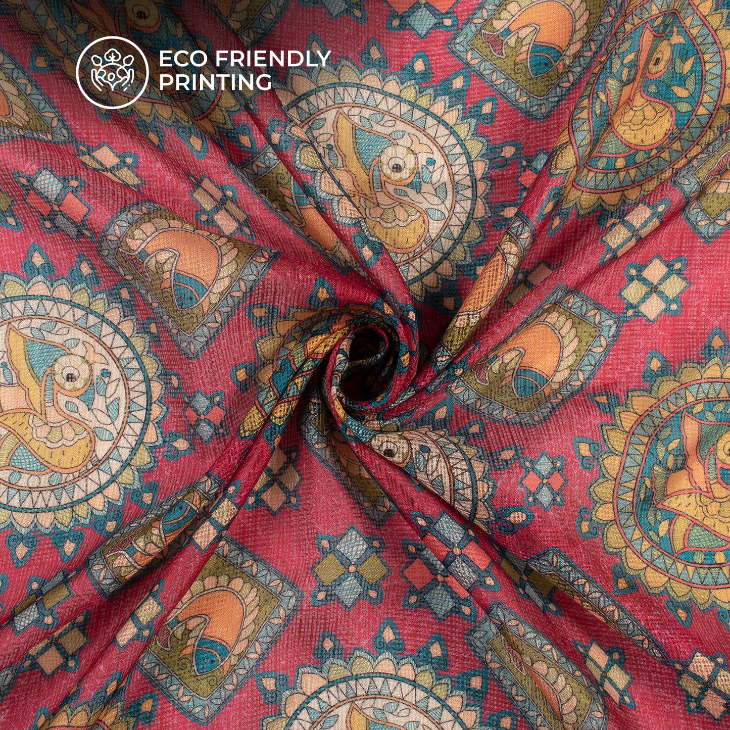 Ruby Red And Teal Blue Madhuvanii Digital Printed Kota Doria Fabric