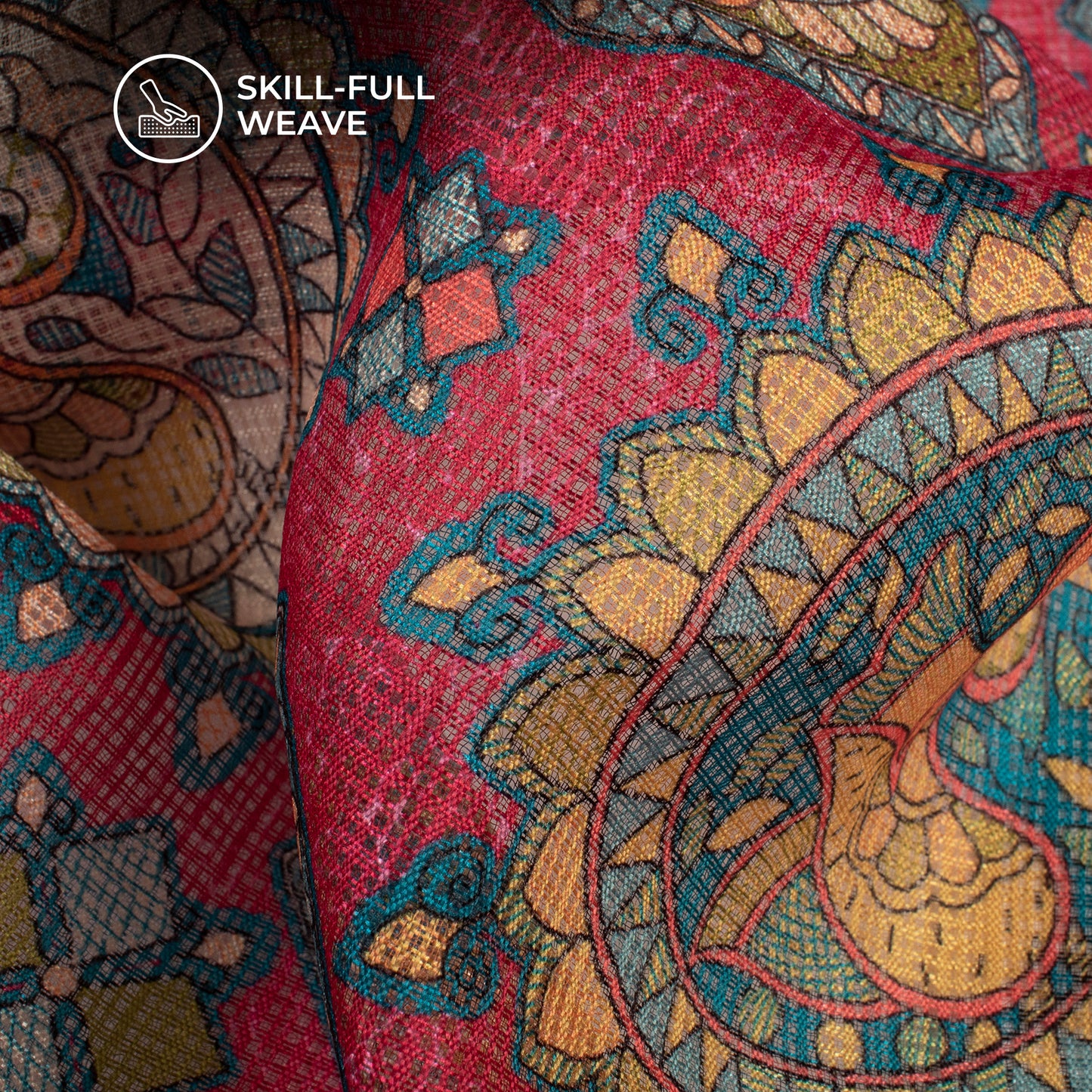 Ruby Red And Teal Blue Madhuvanii Digital Printed Kota Doria Fabric