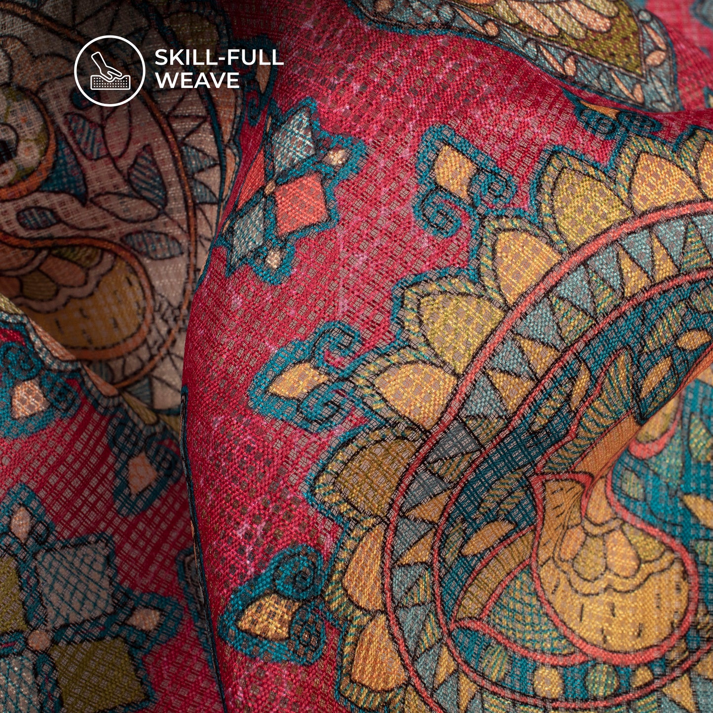 Ruby Red And Teal Blue Madhubani Digital Printed Kota Doria Fabric