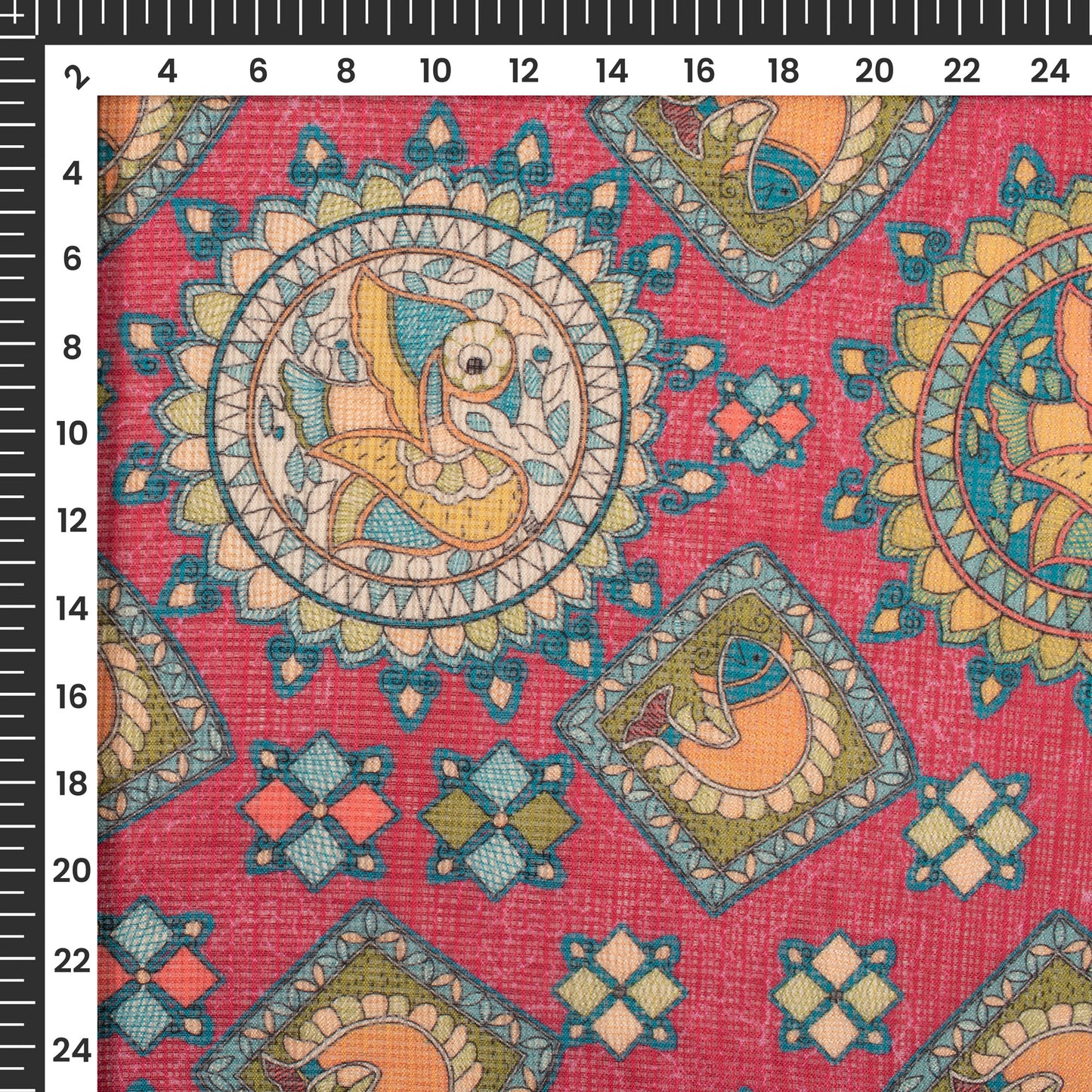 Ruby Red And Teal Blue Madhubani Digital Printed Kota Doria Fabric