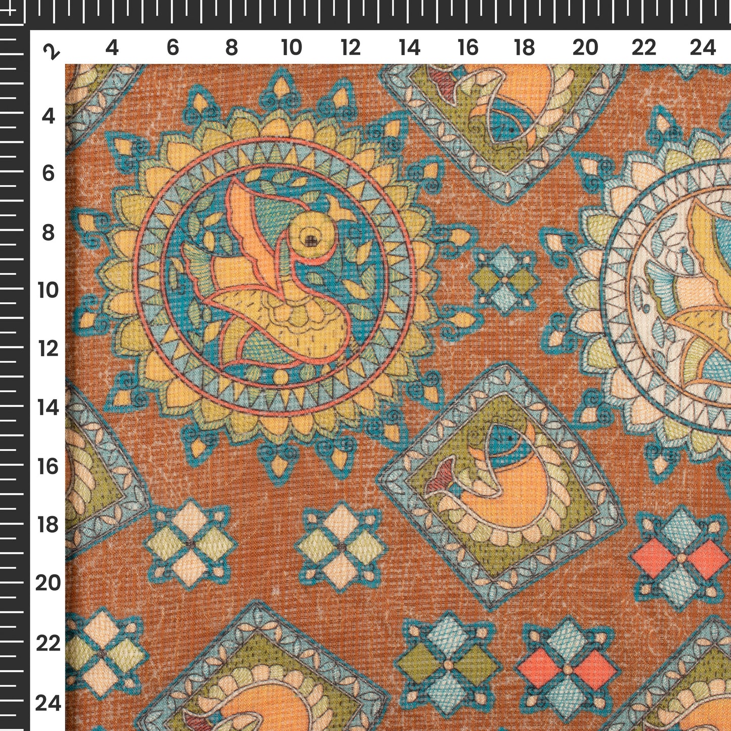 Olive Brown And Sky Blue Madhuvanii Digital Printed Kota Doria Fabric