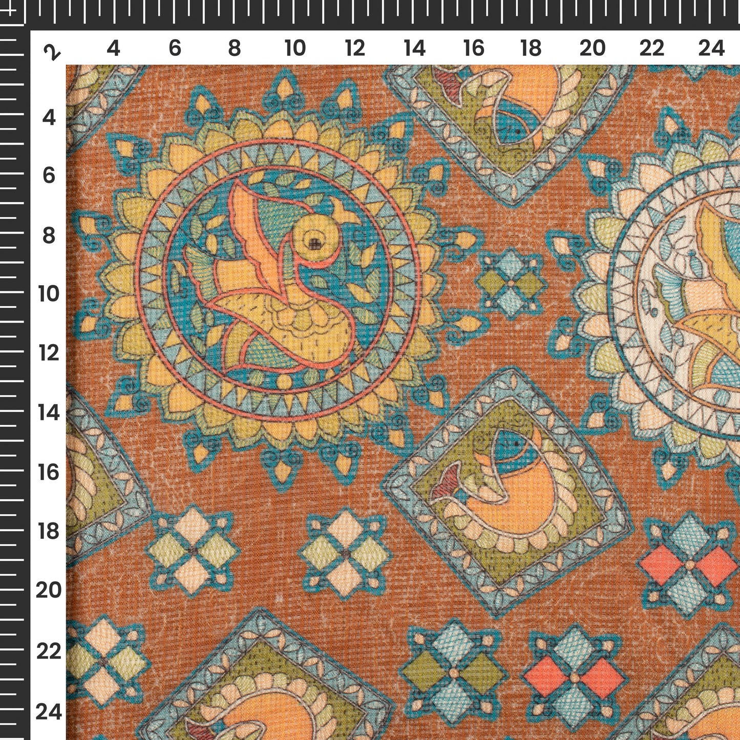 Olive Brown And Sky Blue Madhubani Digital Printed Kota Doria Fabric