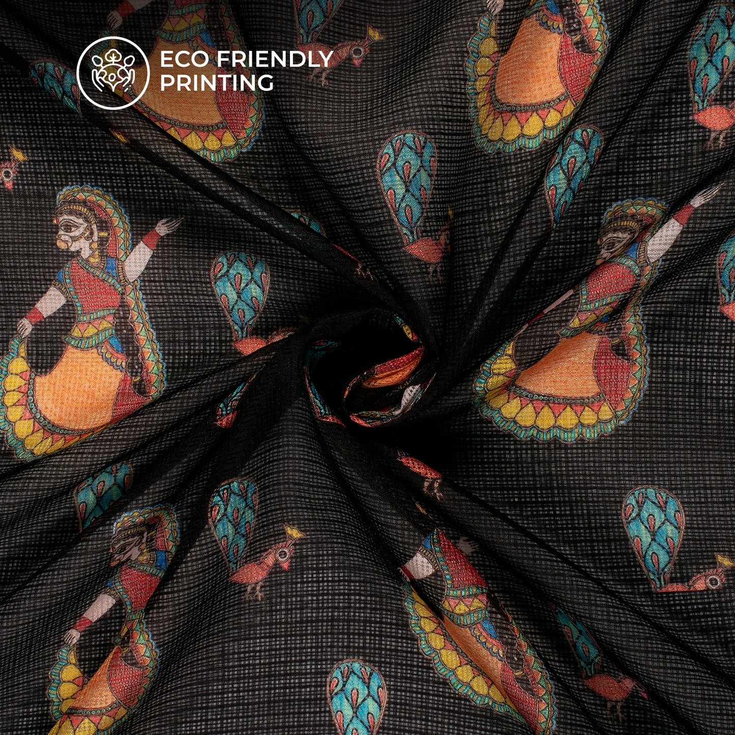 Black And Orange Madhubani Digital Printed Kota Doria Fabric
