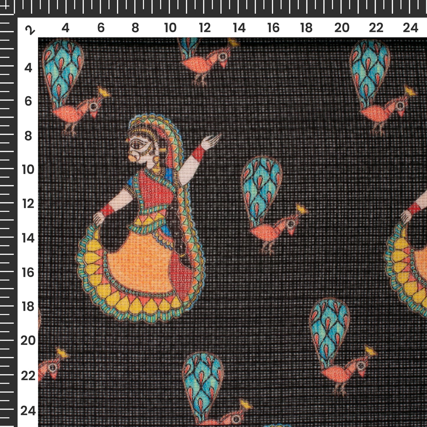 Black And Orange Madhubani Digital Printed Kota Doria Fabric