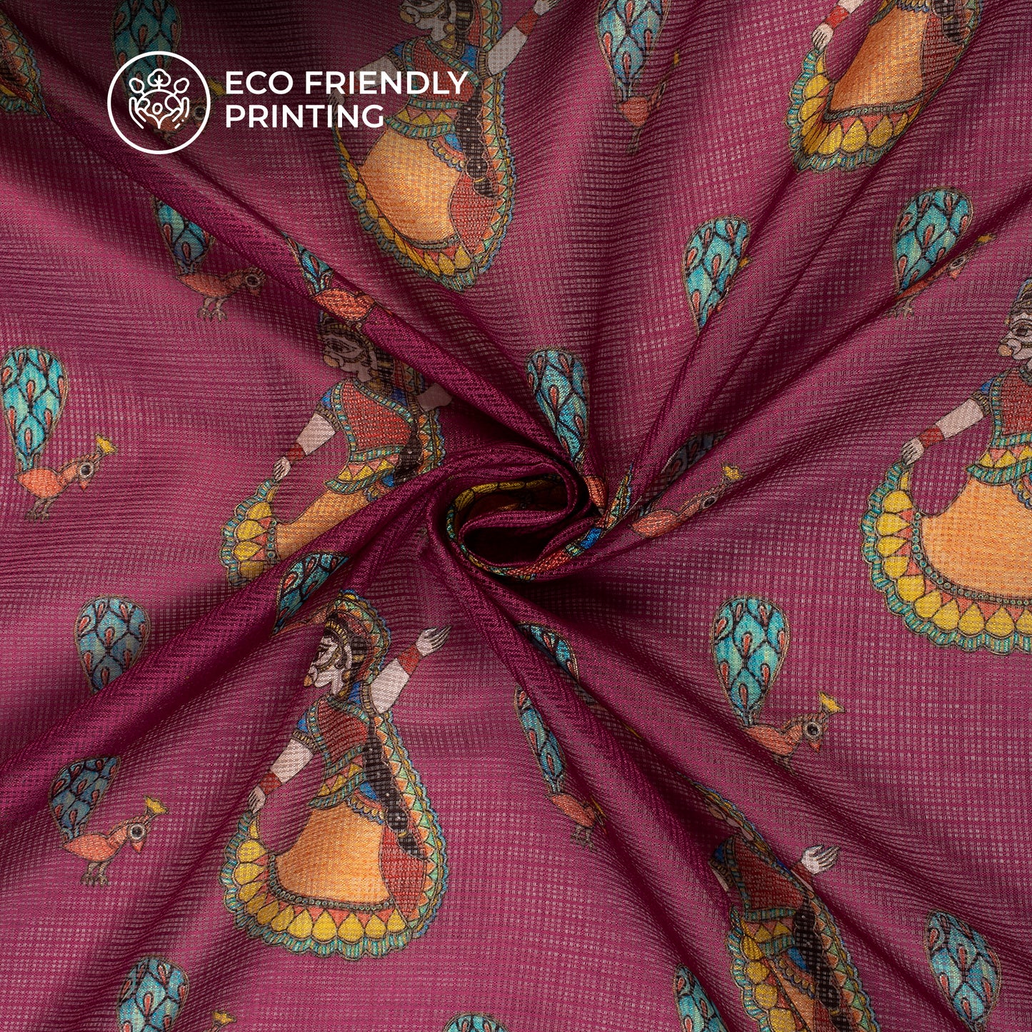 Burgundy Maroon And Sky Blue Madhuvanii Digital Printed Kota Doria Fabric