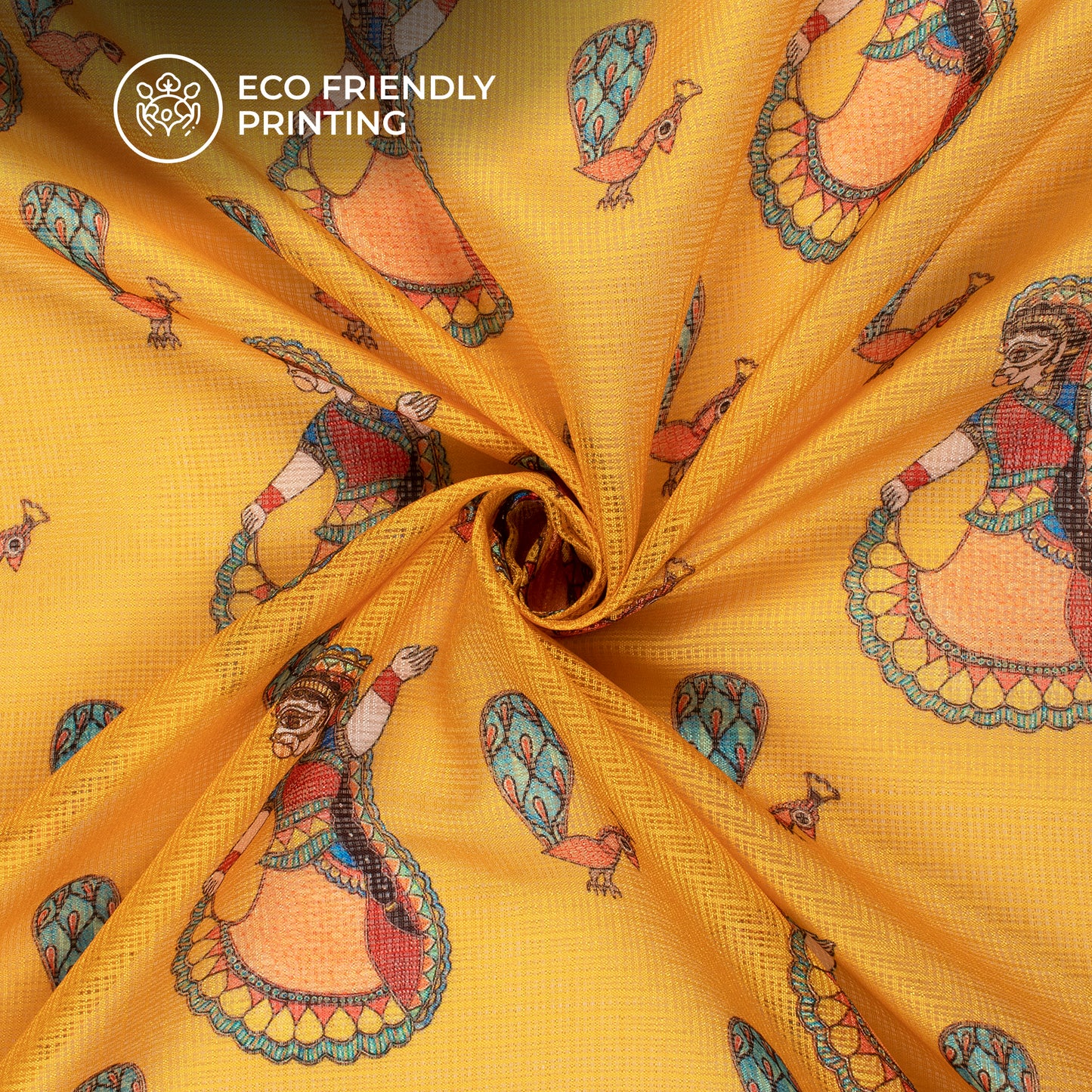 Yellow And Sky Blue Madhubani Digital Printed Kota Doria Fabric