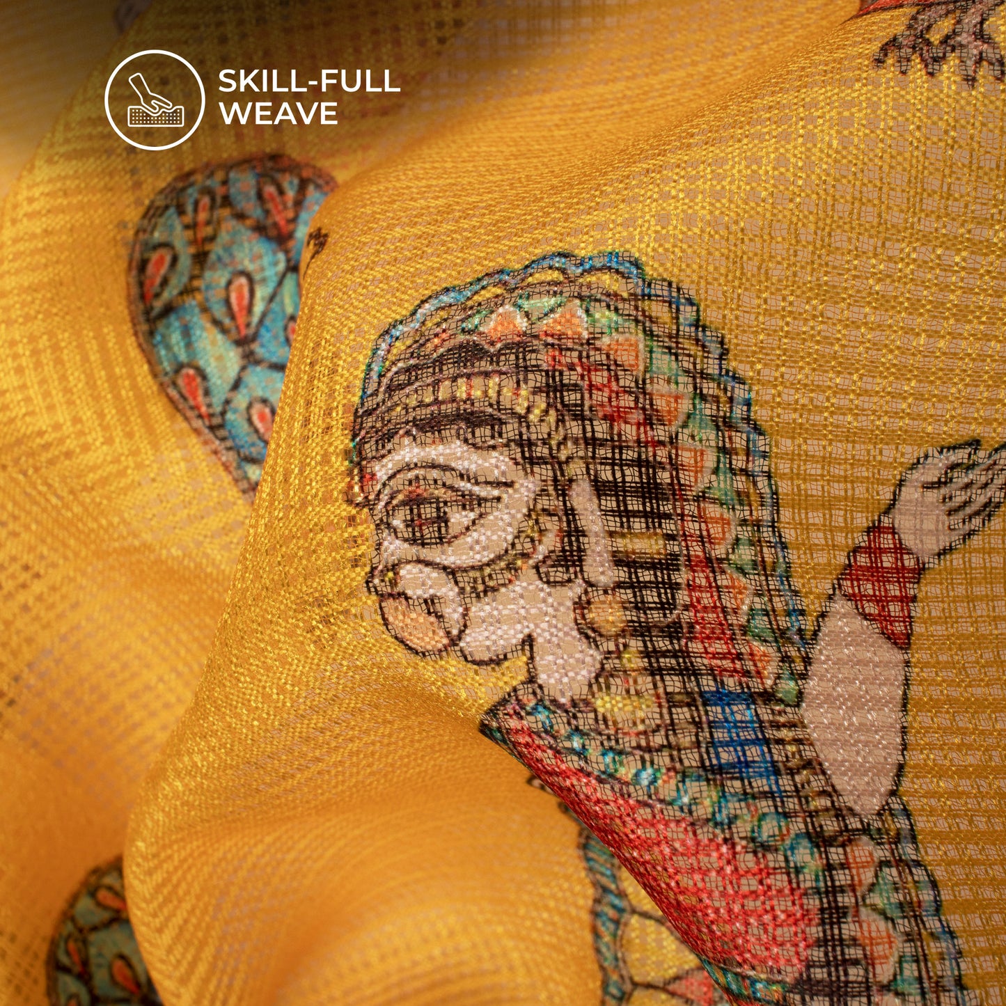 Yellow And Sky Blue Madhuvanii Digital Printed Kota Doria Fabric