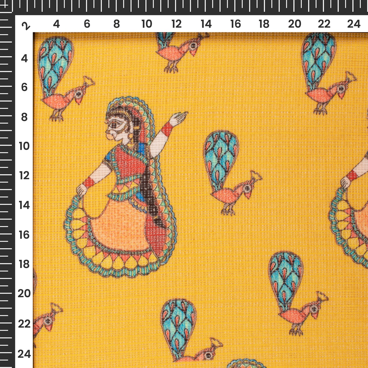 Yellow And Sky Blue Madhubani Digital Printed Kota Doria Fabric