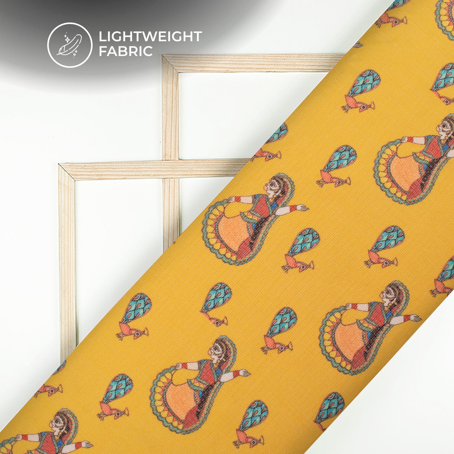 Yellow And Sky Blue Madhuvanii Digital Printed Kota Doria Fabric