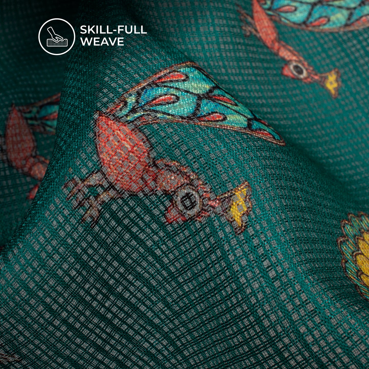 Teal Blue And Orange Madhubani Digital Printed Kota Doria Fabric