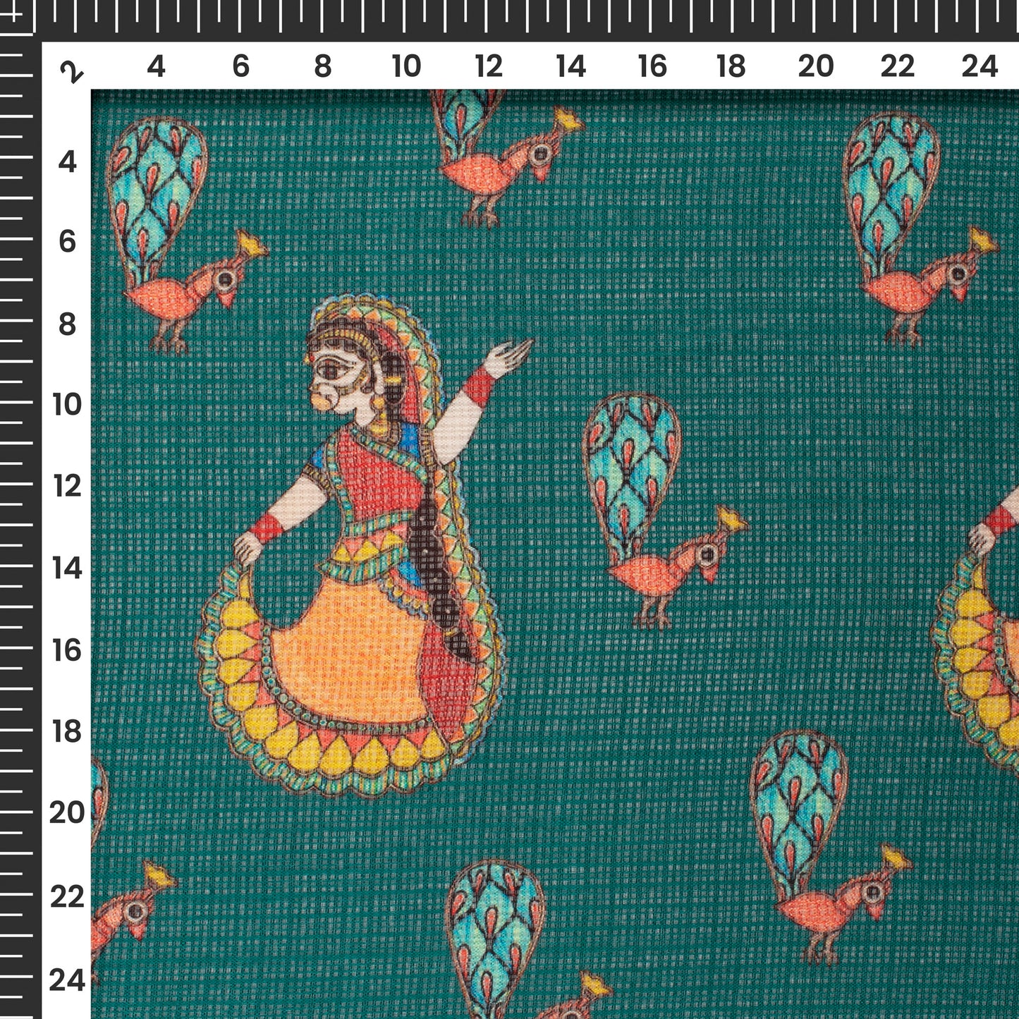 Teal Blue And Orange Madhubani Digital Printed Kota Doria Fabric