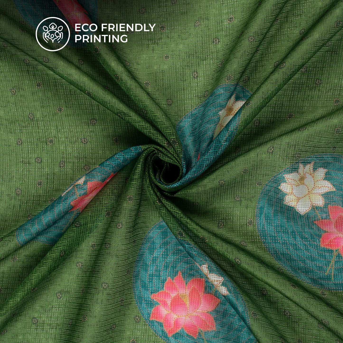 Teal Blue And Dark Moss Green Pichwaii Digital Print Kota Doria Fabric