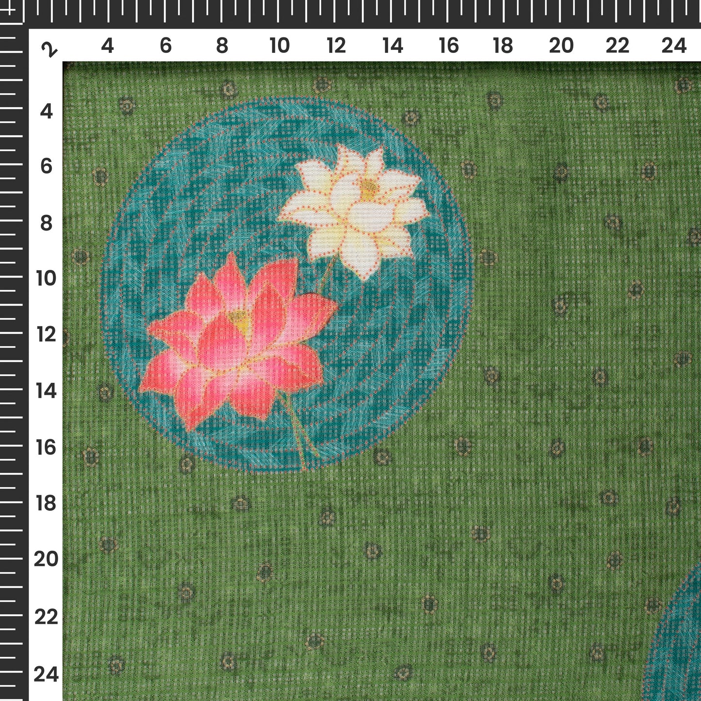 Teal Blue And Dark Moss Green Pichwaii Digital Print Kota Doria Fabric