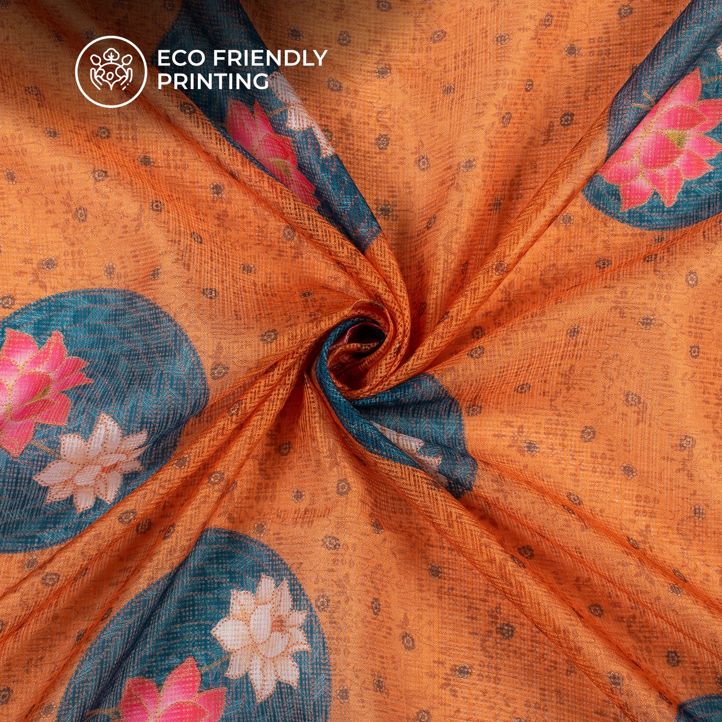 Orange And Teal Blue Pichwaii Digital Print Kota Doria Fabric