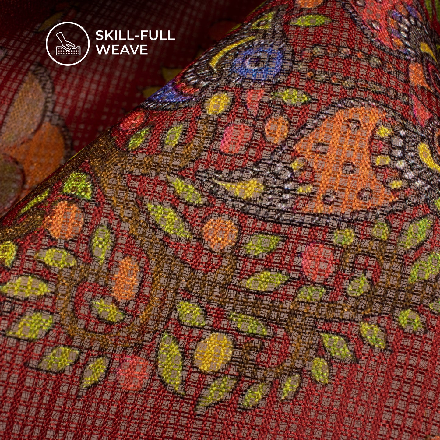 Maroon And Green Madhubani Digital Printed Kota Doria Fabric