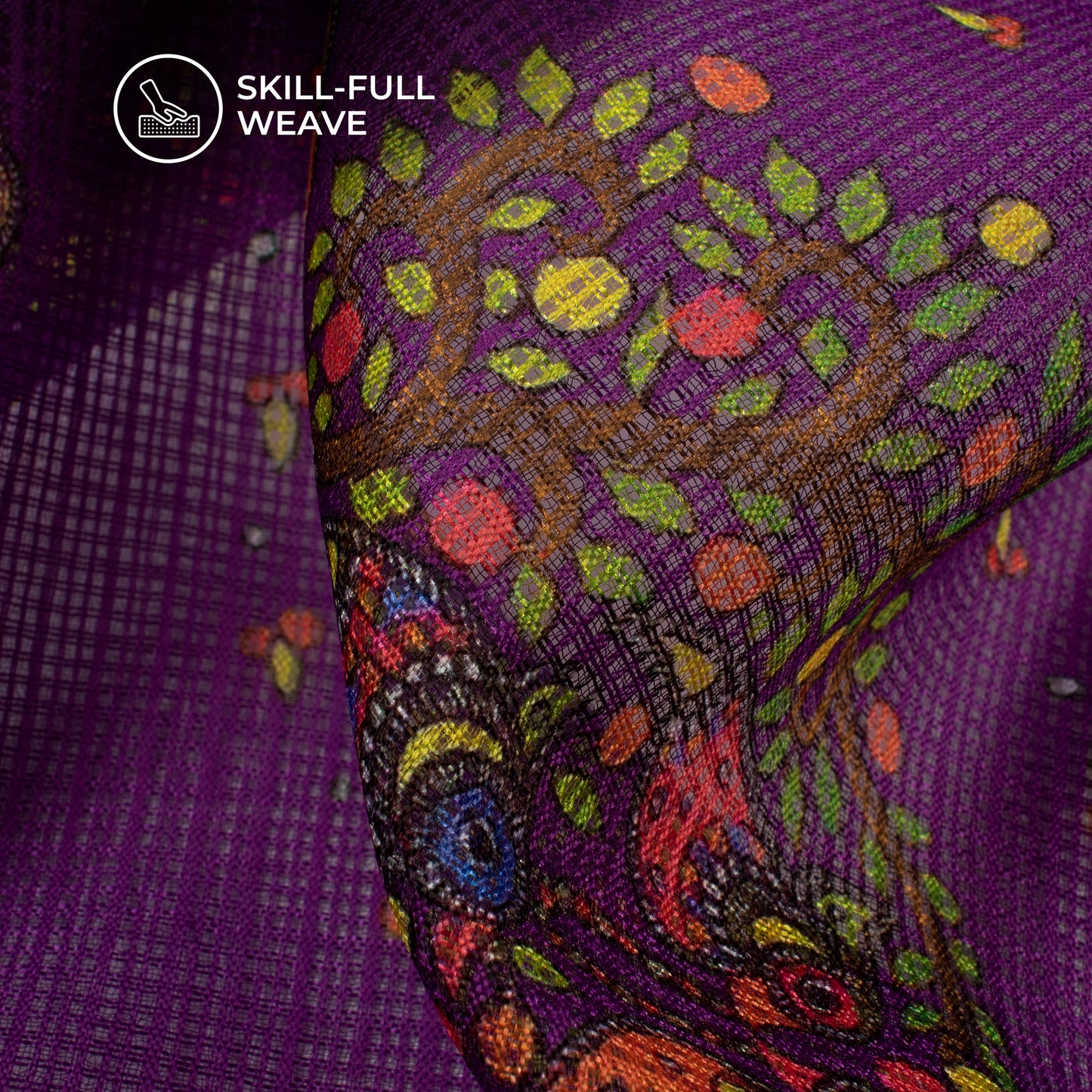 Purple And Lizard Green Madhubani Digital Printed Kota Doria Fabric