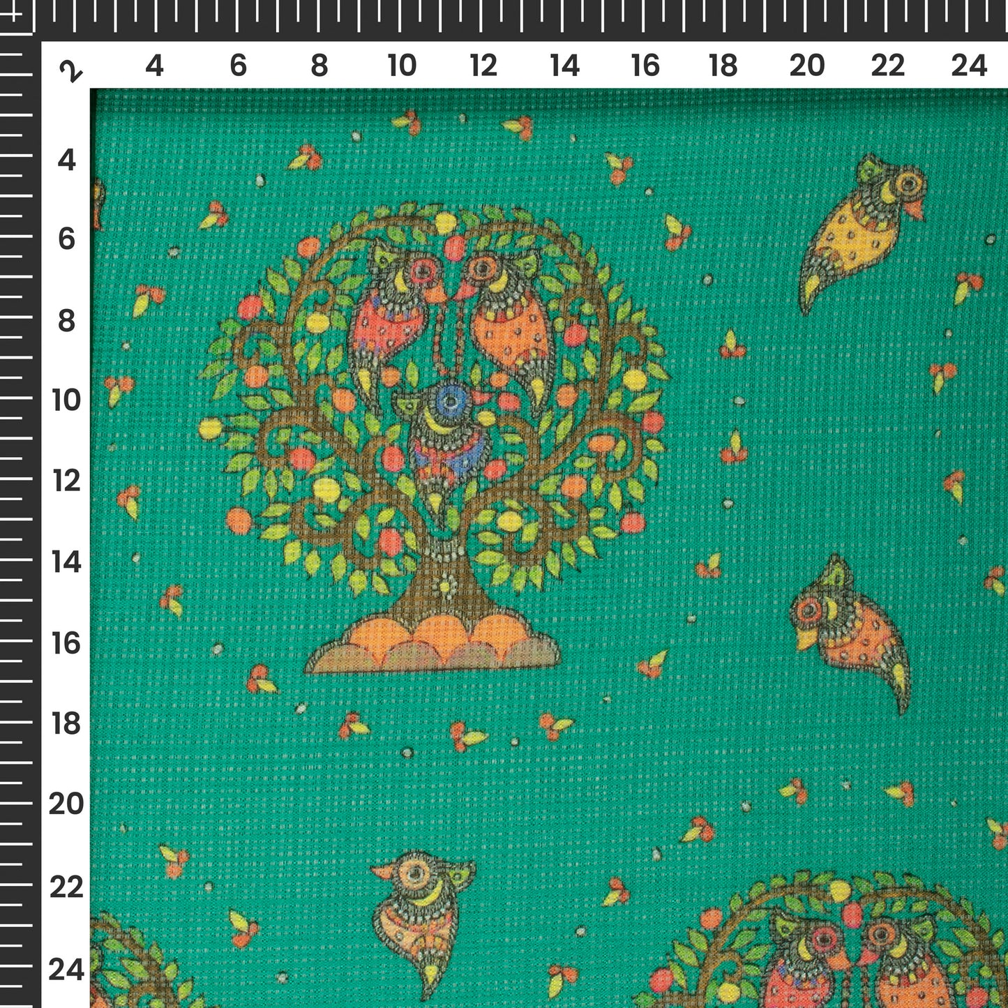 Castleto Green And Orange Madhubani Digital Printed Kota Doria Fabric
