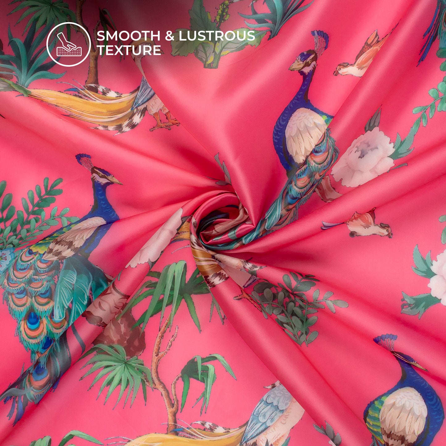 Neon Pink Peacock Digital Print Organza Satin Fabric