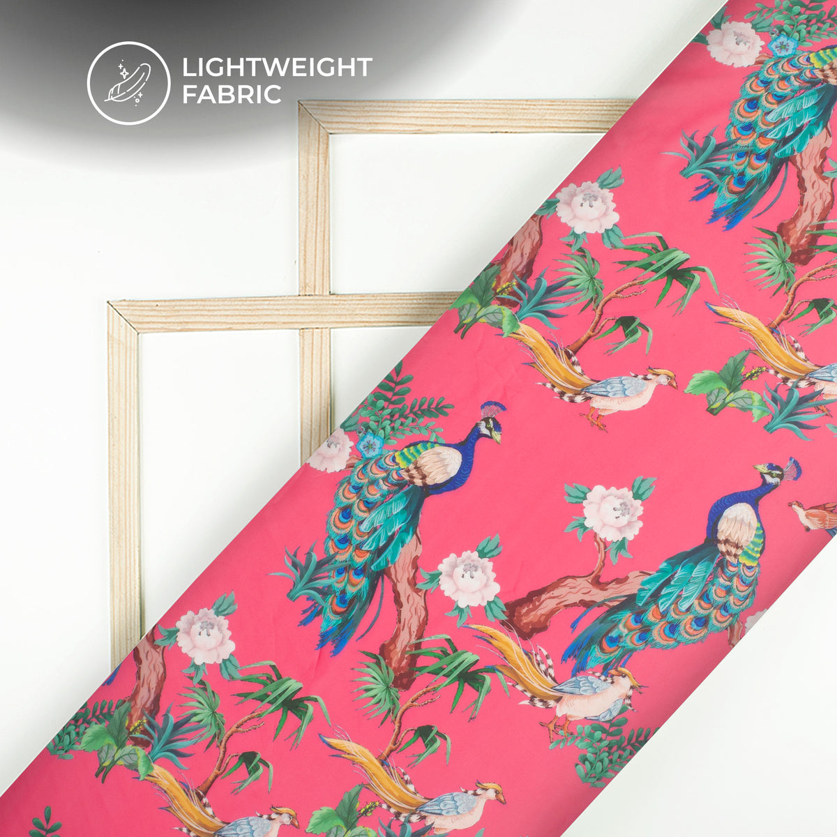 Neon Pink Peacock Digital Print Organza Satin Fabric