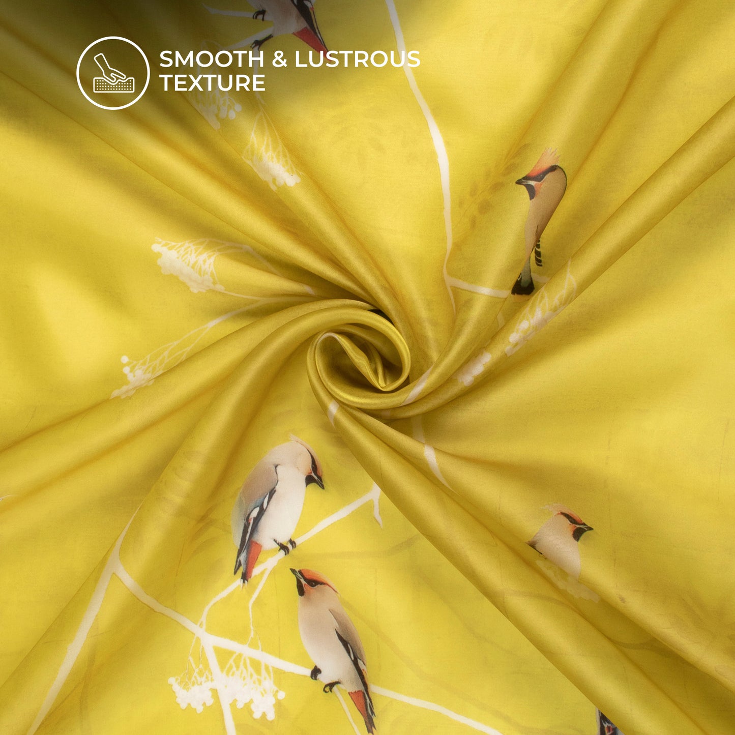 Lemon Yellow Bird Digital Print Organza Satin Fabric
