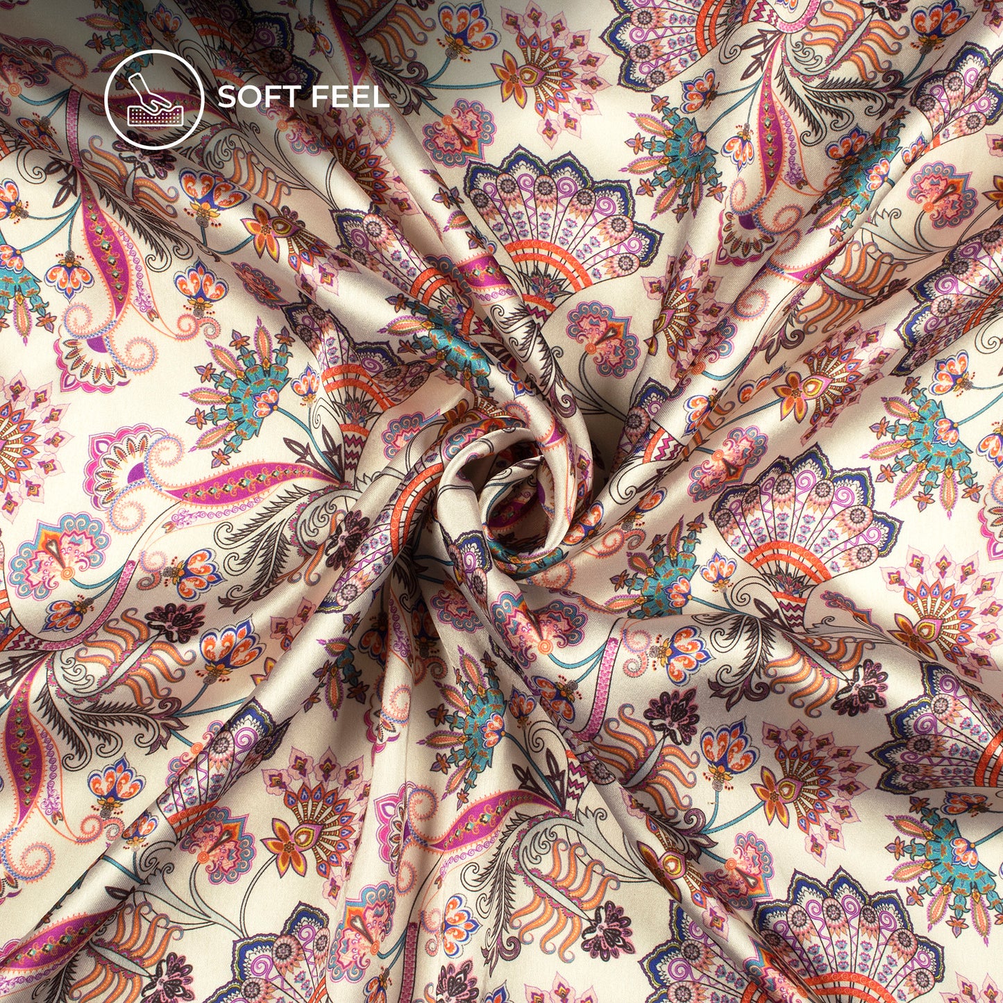 Cream Floral Digital Print Japan Satin Fabric