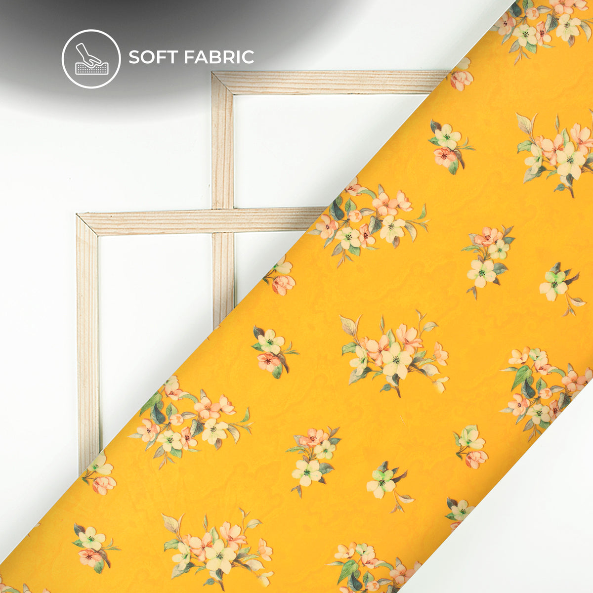 Gold Yellow Floral Digital Print Butter Crepe Fabric