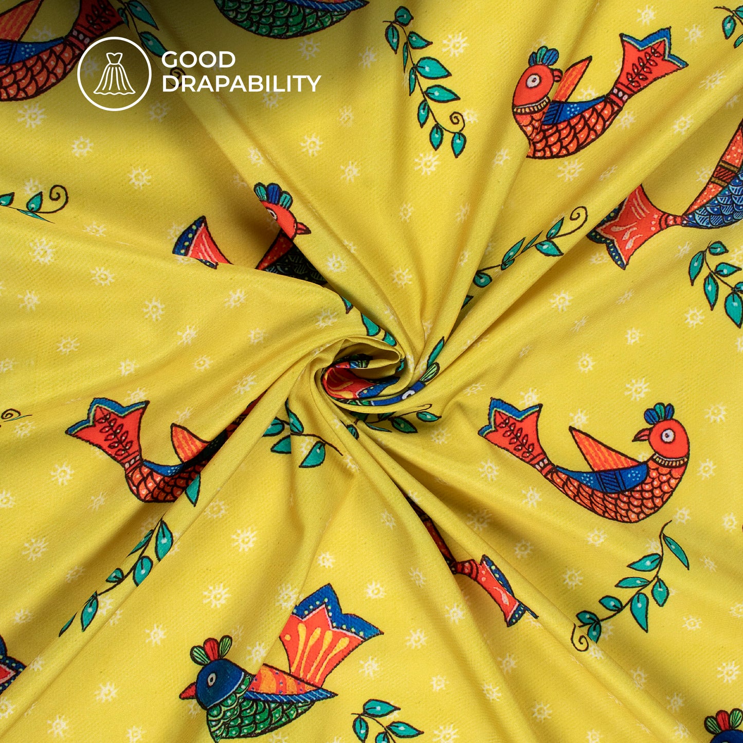 Corn Yellow Madhubani Digital Print Butter Crepe Fabric