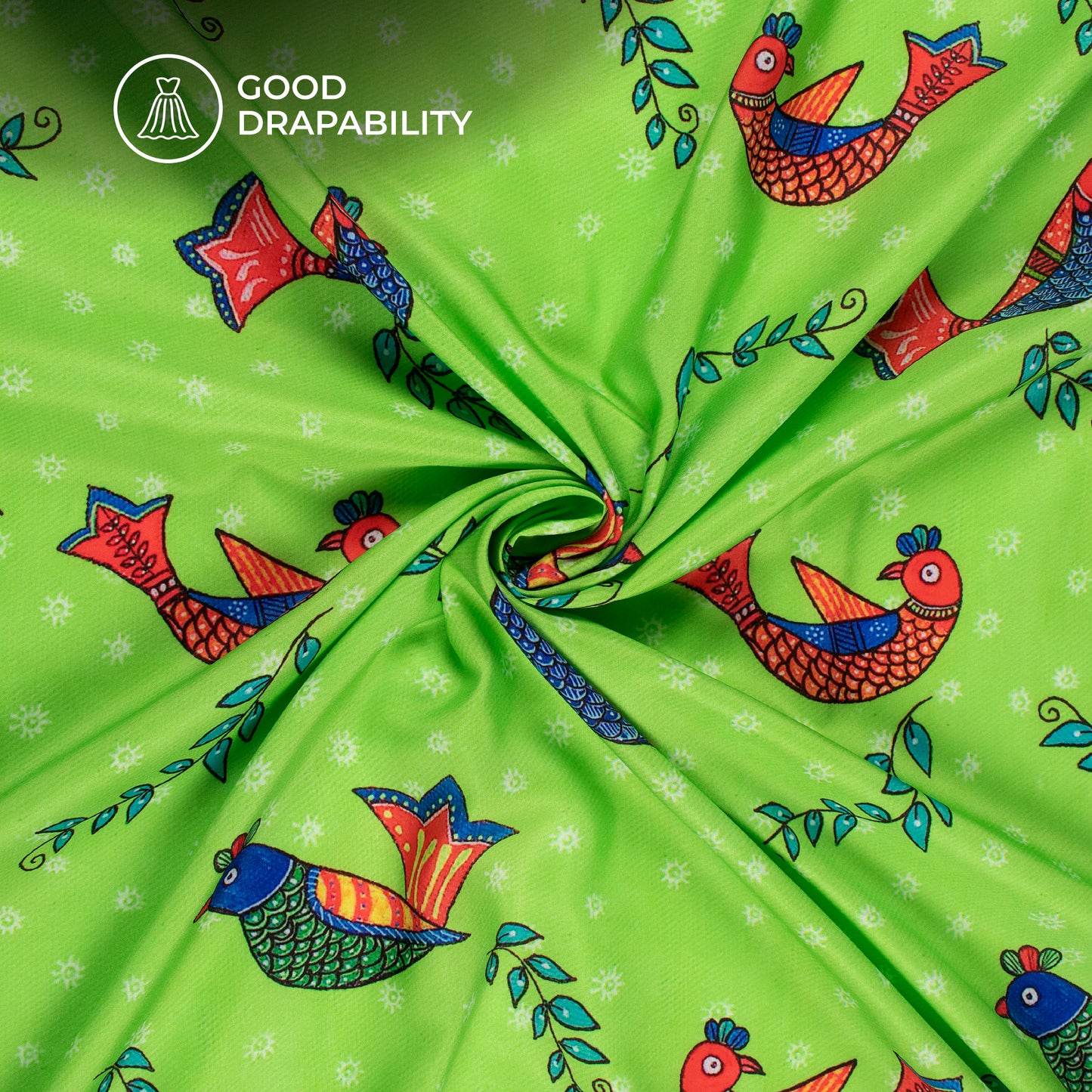 kelly Green Madhubani Digital Print Butter Crepe Fabric