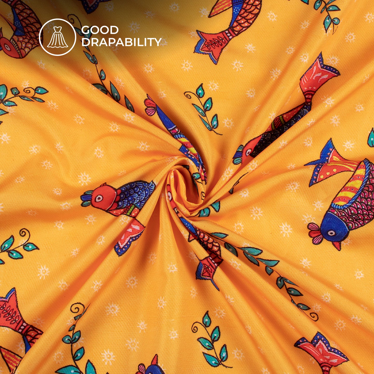 Merigold Orange Madhubani Digital Print Butter Crepe Fabric