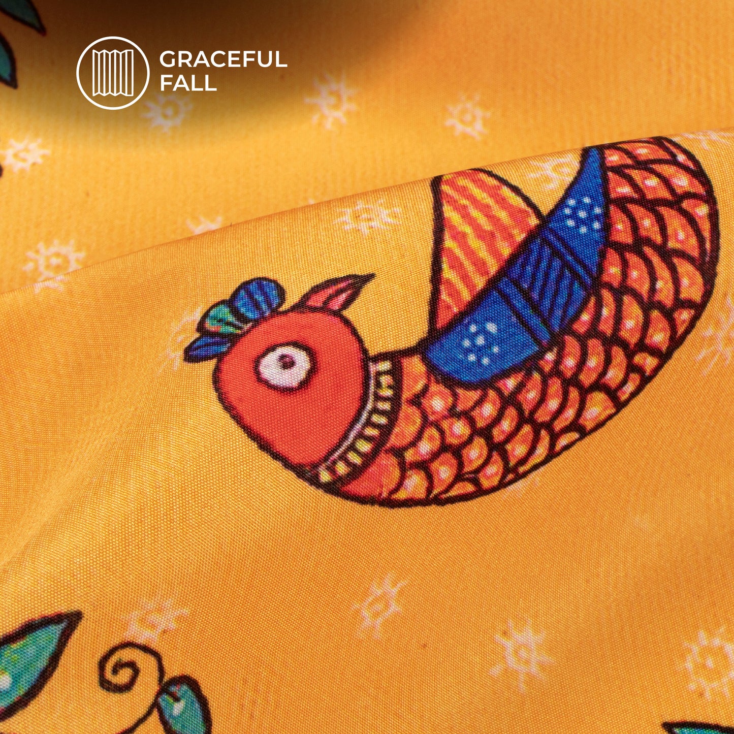 Merigold Orange Madhubani Digital Print Butter Crepe Fabric