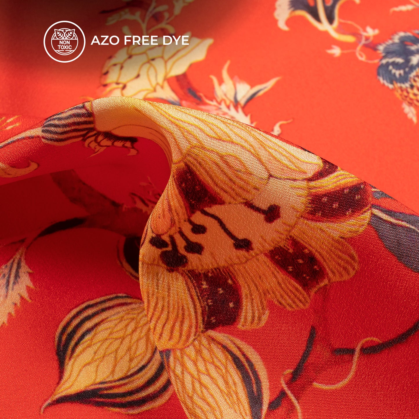 Orange Red Yellow Floral Pattern Digital Print Crepe Silk Fabric