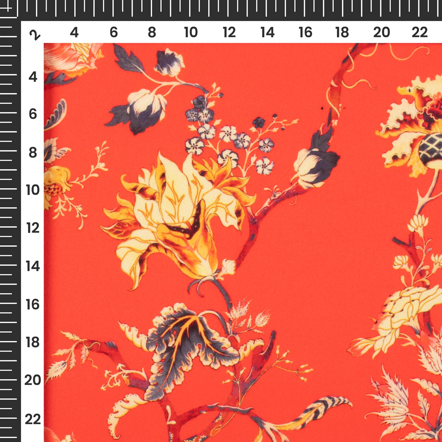 Orange Red Yellow Floral Pattern Digital Print Crepe Silk Fabric