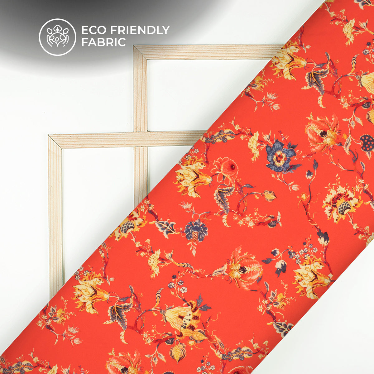 Orange Red Yellow Floral Pattern Digital Print Crepe Silk Fabric