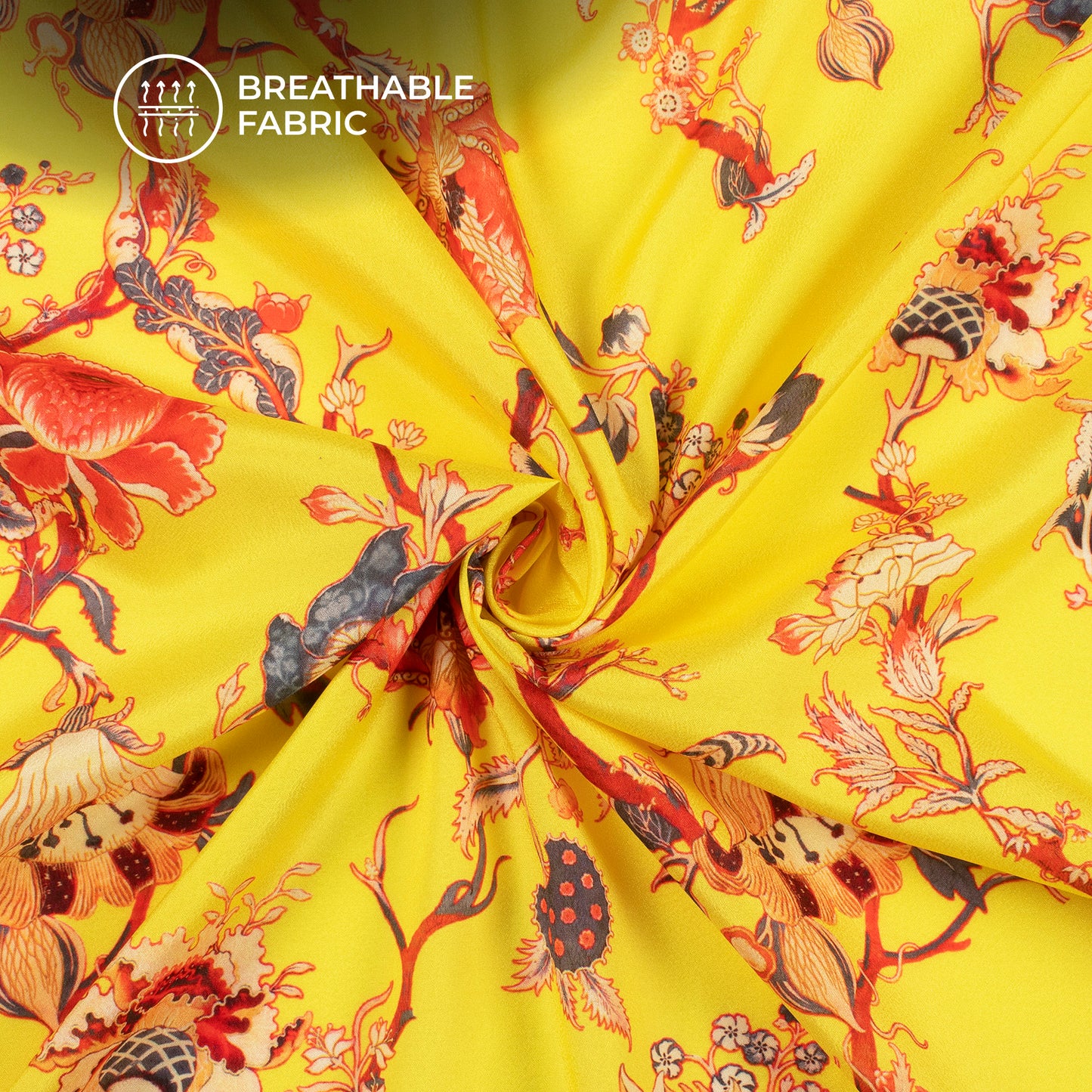 Yellow Floral Pattern Digital Print Crepe Silk Fabric