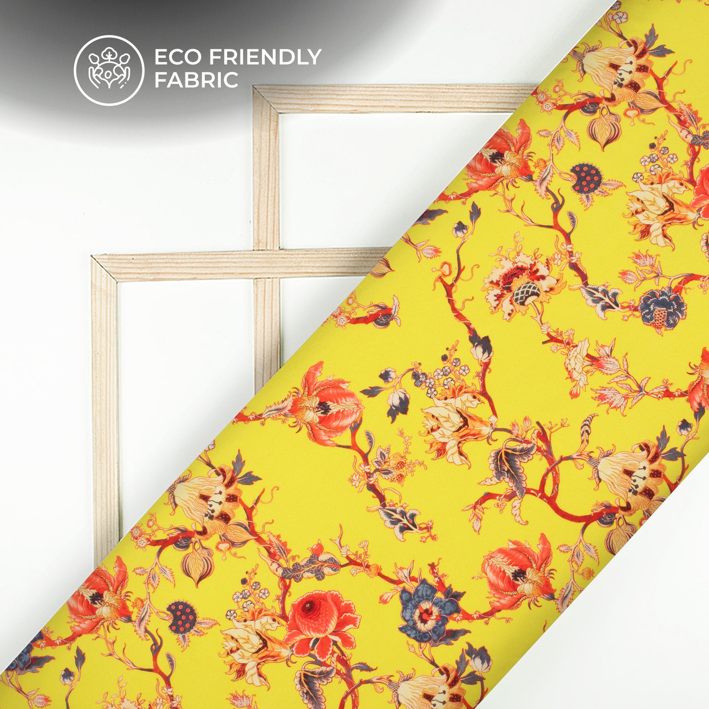Yellow Floral Pattern Digital Print Crepe Silk Fabric