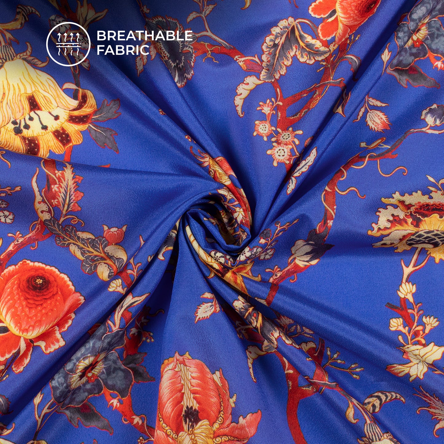Royal Blue Floral Pattern Digital Print Crepe Silk Fabric