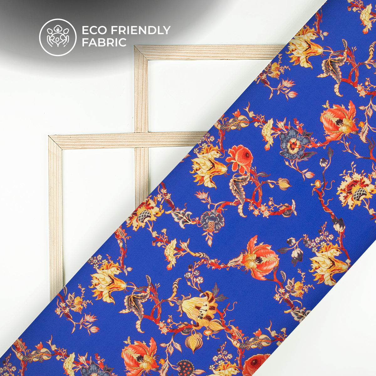 Royal Blue Floral Pattern Digital Print Crepe Silk Fabric