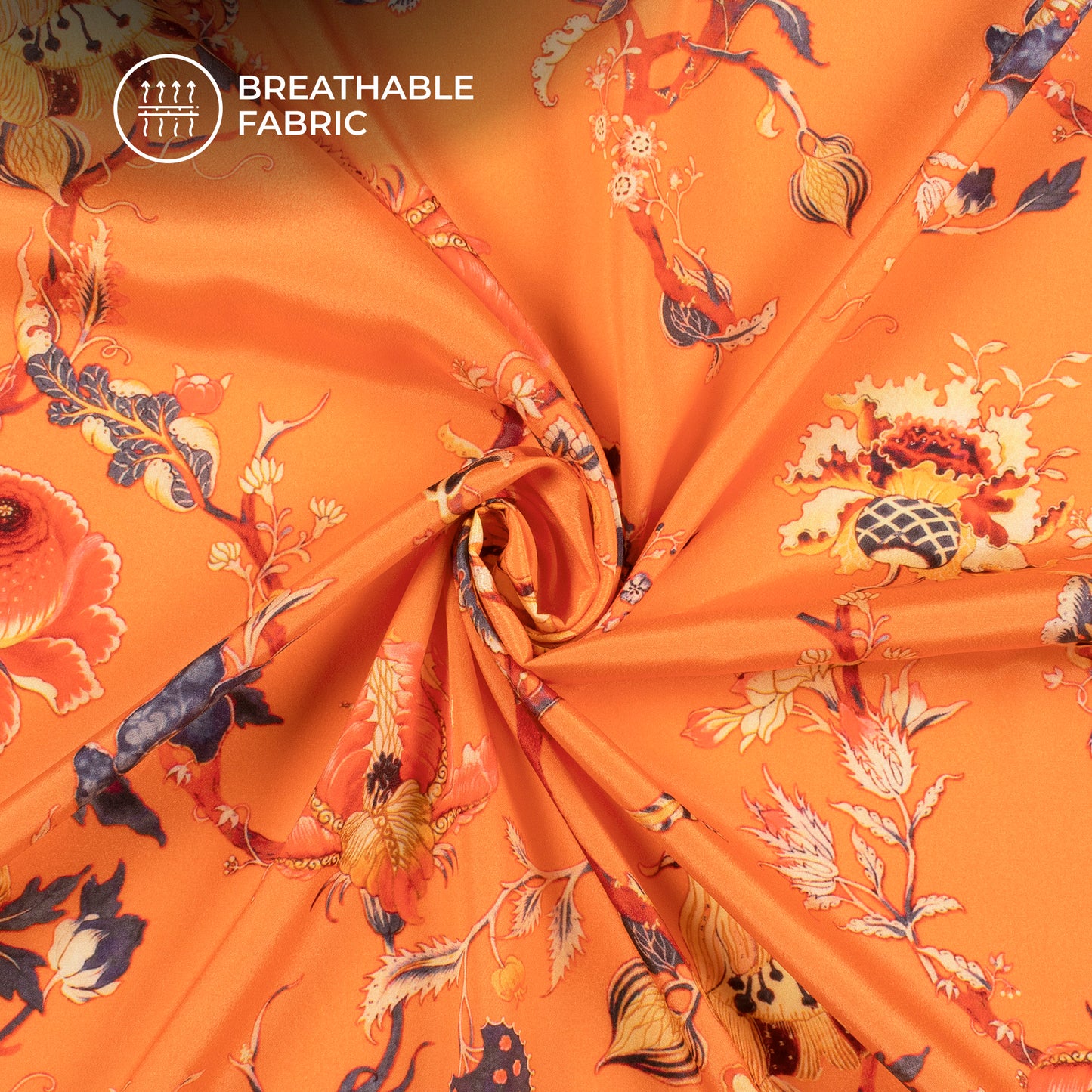Orange Floral Pattern Digital Print Crepe Silk Fabric