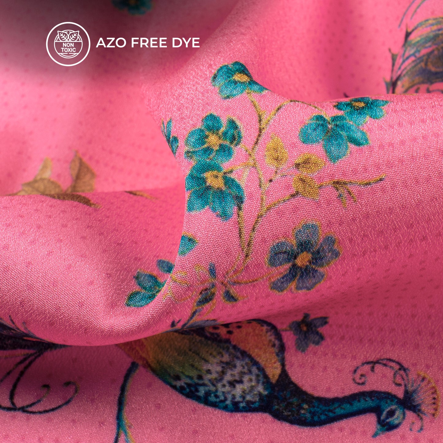 Pink Peacock Pattern Digital Print Crepe Silk Fabric