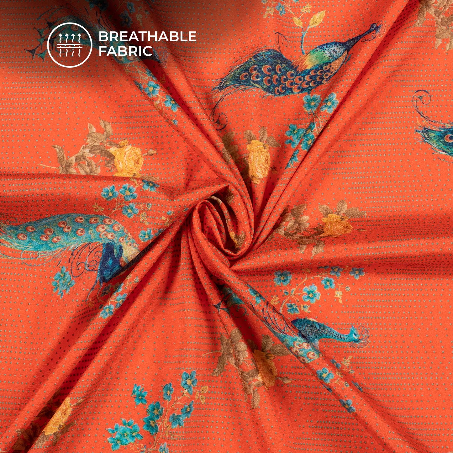Orange Soda Peacock Pattern Digital Print Crepe Silk Fabric